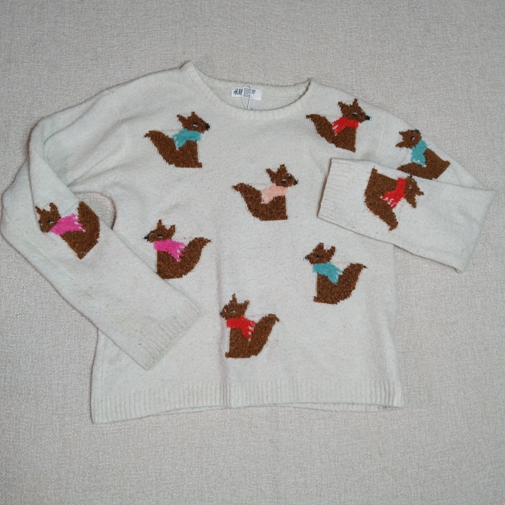 HM Girls Ivory Squirrel Intarsia Knit Sweater Size 8-10Y Cream Long Sleeve